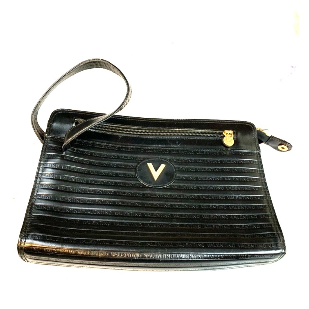 Valentino Black Leather Wristlet Clutch with Gold Logo